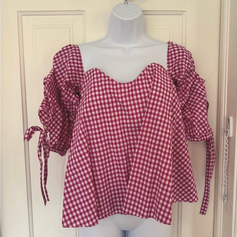 Caroline Constas Pink Gingham Off-the-Shoulders Puff-Sleeve Blouse - Picture 7 of 7